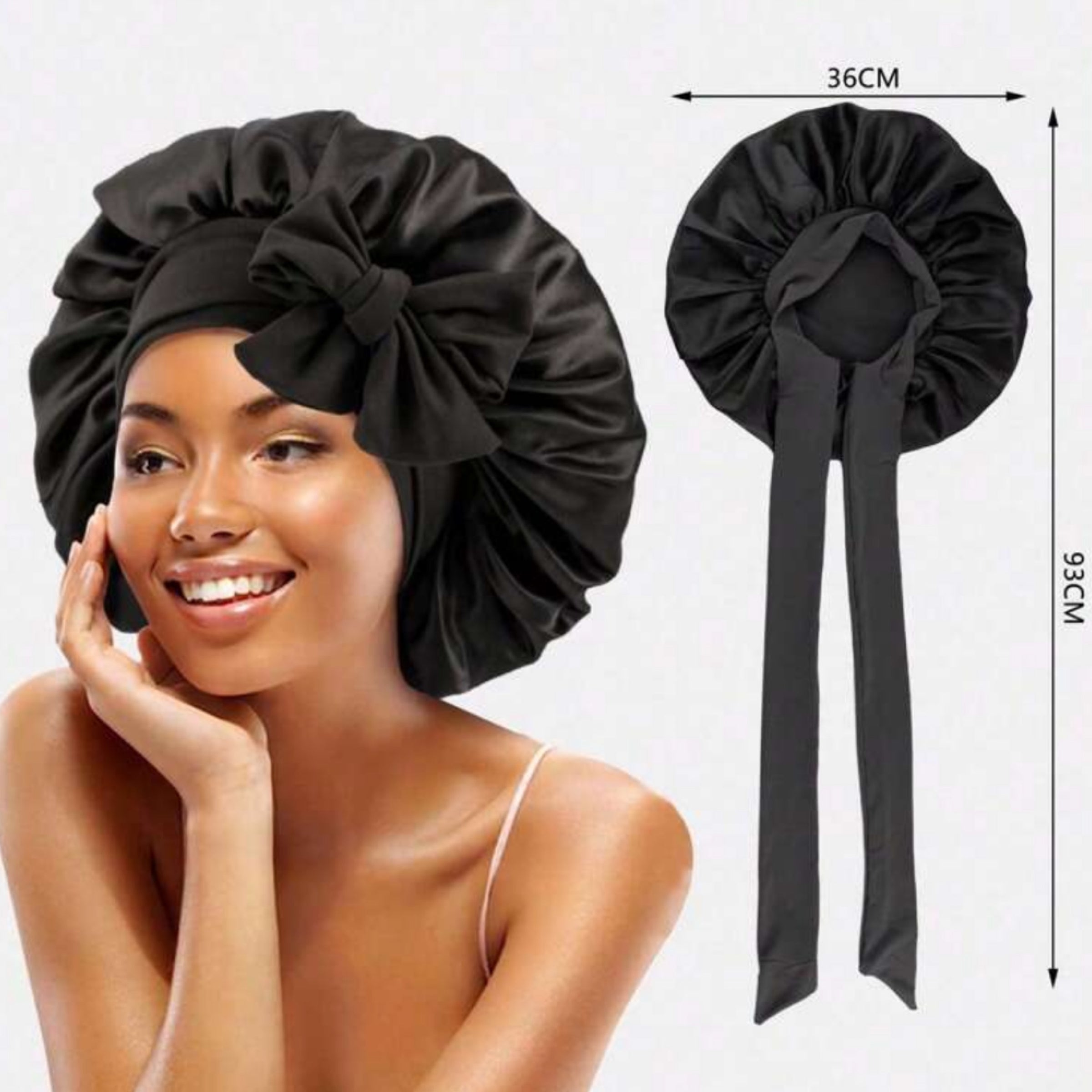 REVOLVE Black Satin Hair Bonnet Stay on reversible satin bonnet - Black – Hair Wrap Heaven main image 3